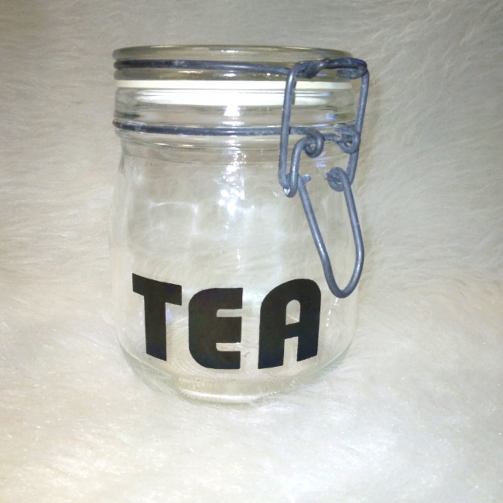 Vintage TEA 3/4 L Glass Wire Bale Kitchen Storage Jar